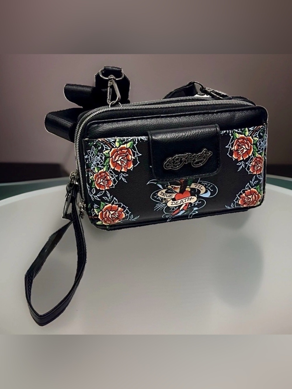 ED HARDY True Til Death Black Zip Wallet w Roses Tattoo Print Wristlet Crossbody - Picture 2 of 6